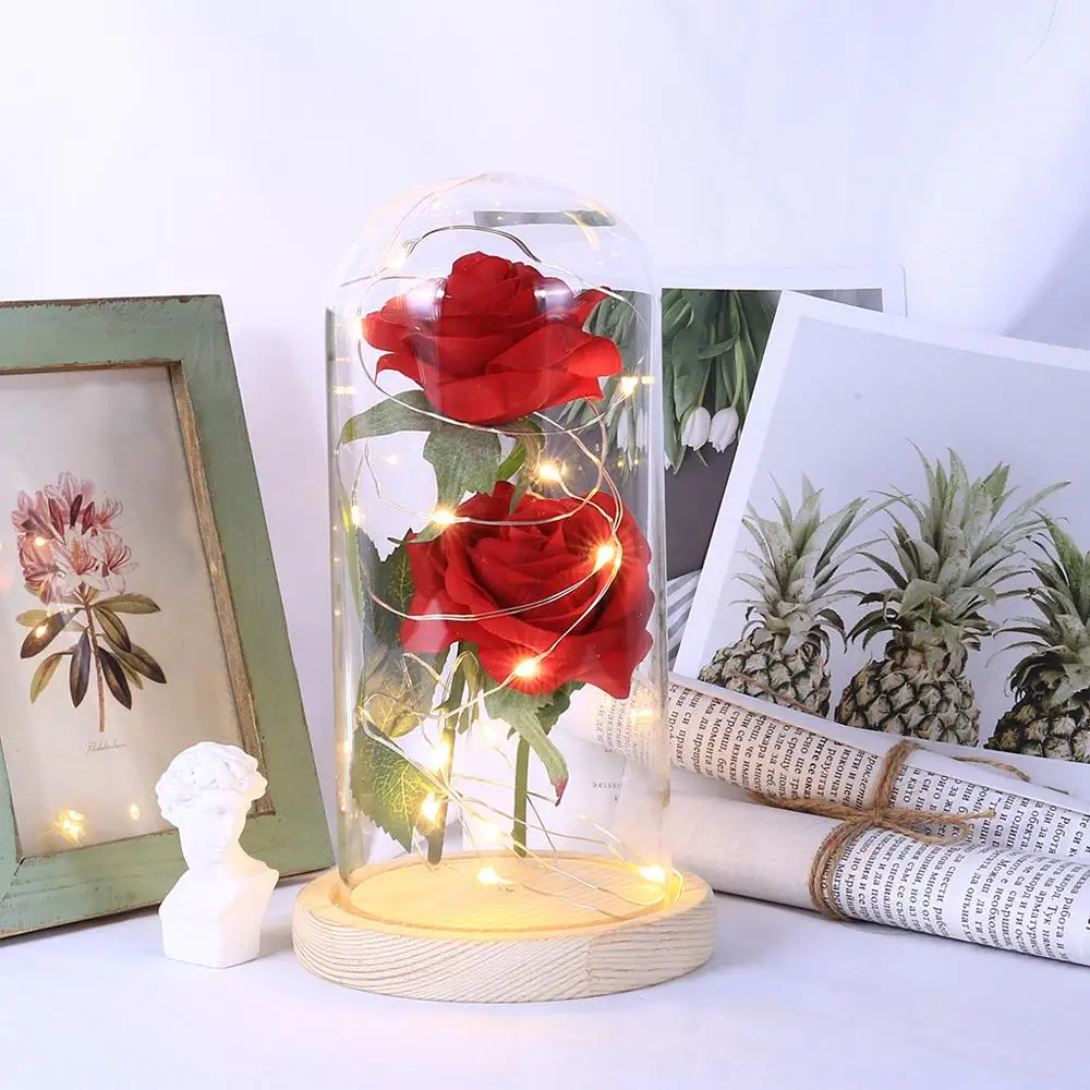

Eternal Flower 2 Roses Valentine'S Day Festival Wedding Decoration Rose Glass Cover Romantic Floral Decor Gift