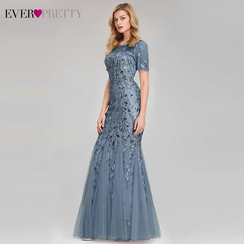 Формальные Вечерние платья Ever Pretty Новые Русалка o-образным вырезом с коротким рукавом Кружева Аппликации Тюль Длинные вечерние платья халат Soiree сексуальный