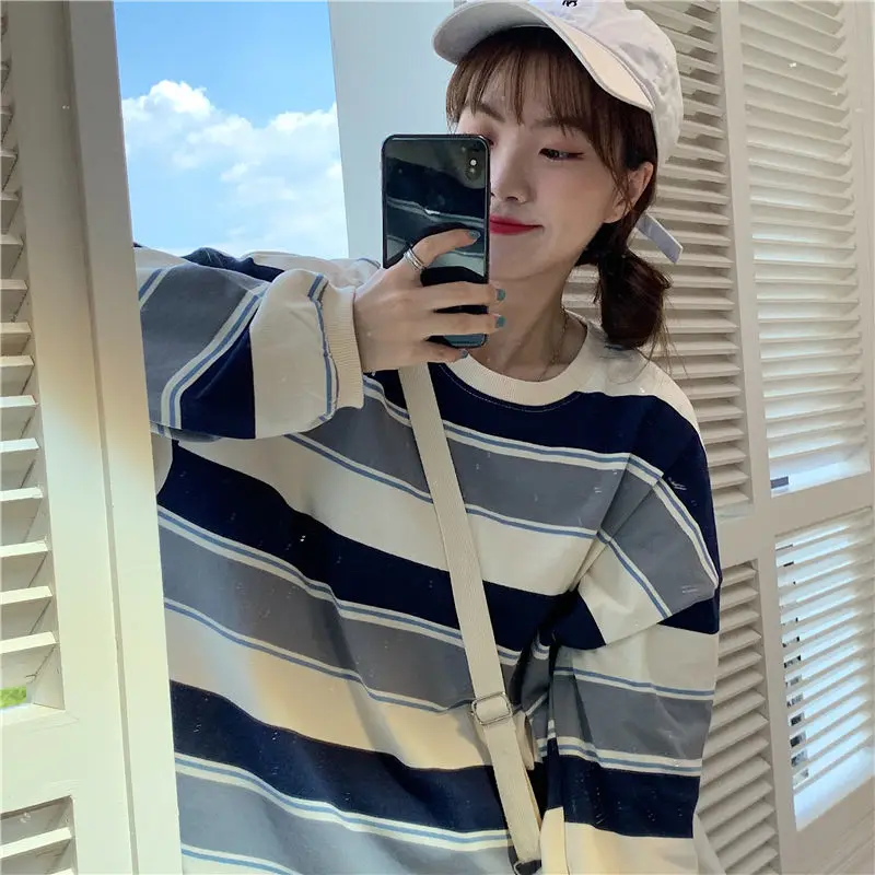 

Striped t-shirt female 2021 spring and autumn new long sleeve female student Korean loose original suzerain top for women