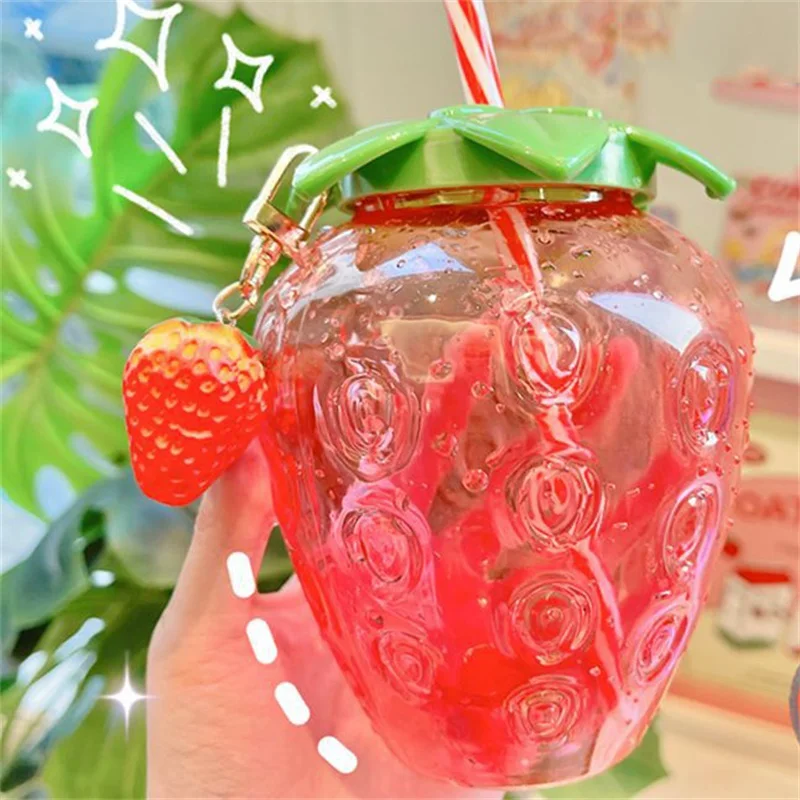 

Strawberry Water Bottle With Straw Creative Transparent Portable Plastic Bottles Cute Cold Juice Drink Cup Milk Tea Mug For Girl