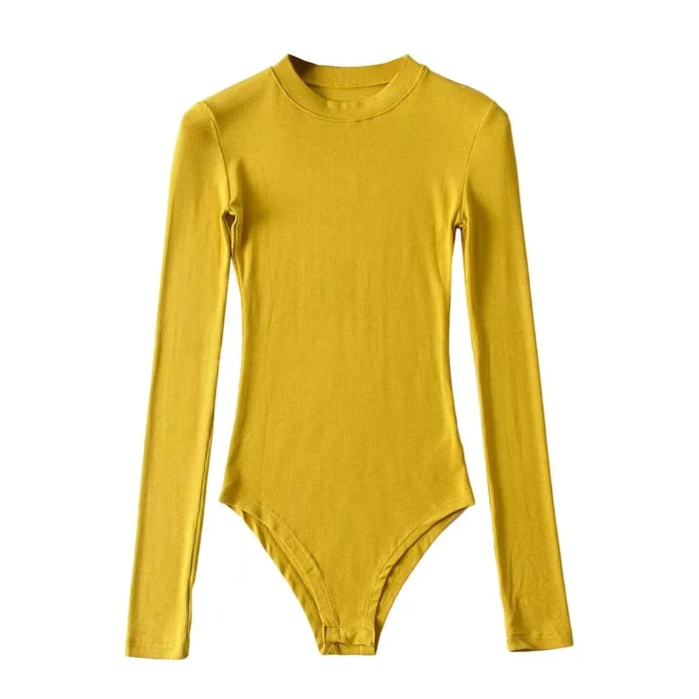 Осеннее однотонное эластичное облегающее боди с круглым вырезом и высокой