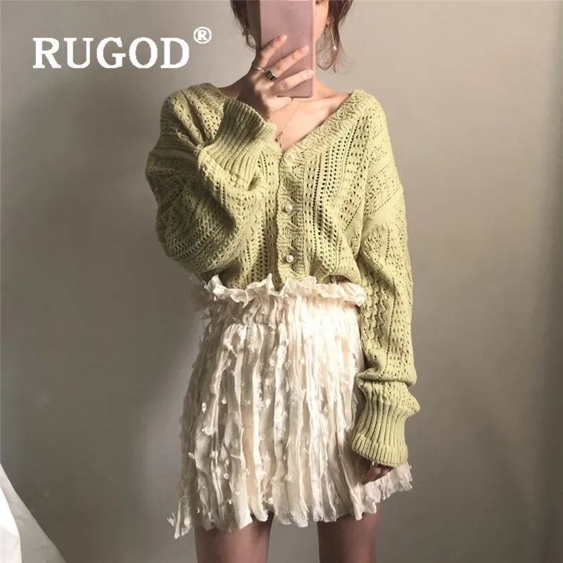RUGOD/Новинка года; осенняя одежда для женщин; Однотонный свитер; кардиган с v-образным вырезом; жемчужная пуговица; вязаное крючком кружевное пальто; Модный женский элегантный топ