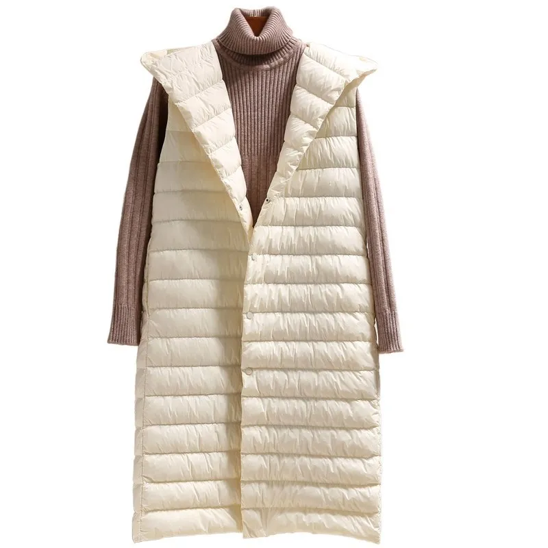 Осенне-зимний женский жилет без рукавов с капюшоном ультра легкий пуховый жилет пальто женский миди длинный белый пуховик парка Топы R2070