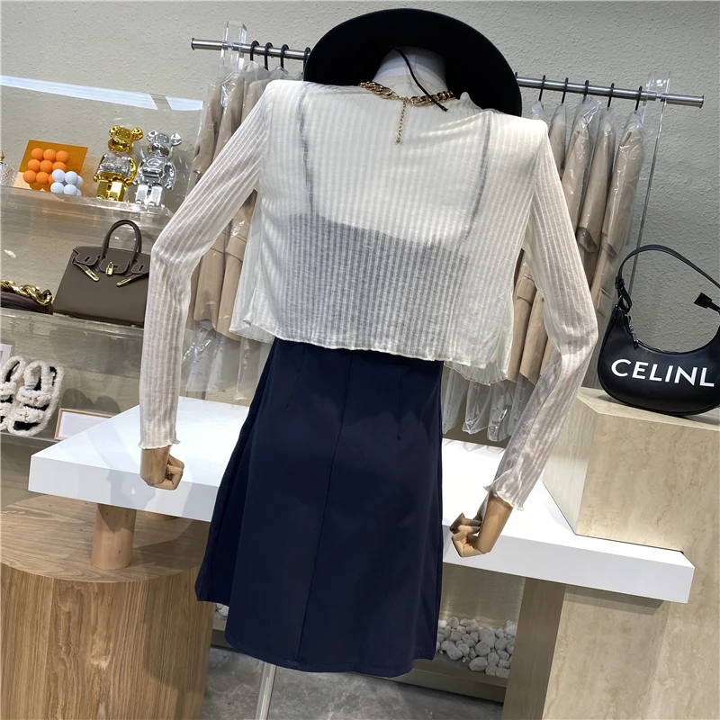 

Heavy drills with off-the-shoulder strapless dress + thin micro-see-through long sleeves cardigan two suit