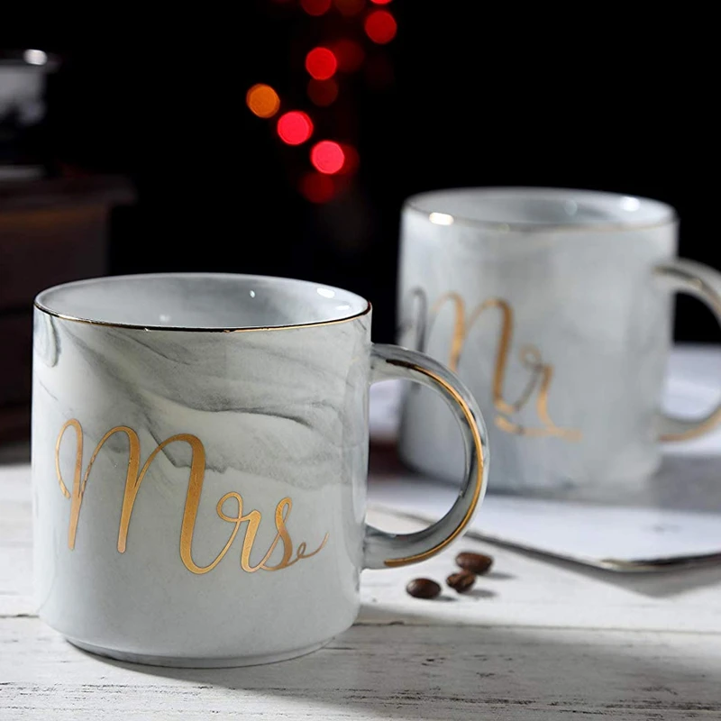 Промо акция! Набор кофейных кружек: мистер и миссис мраморные цветные