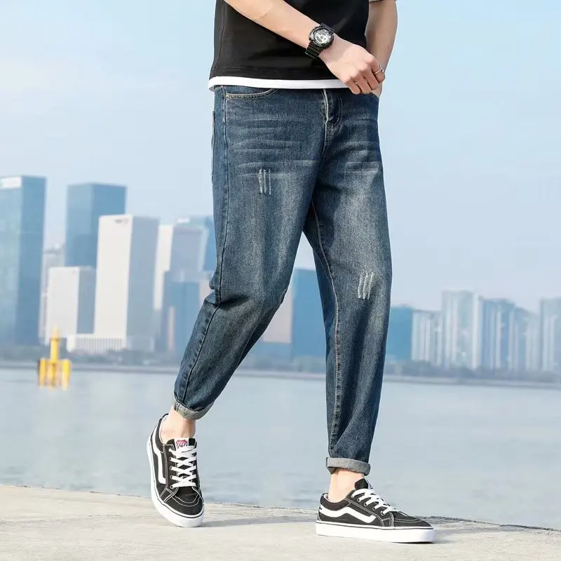 

Spring and Autumn New Loose Jeans Men's Streetwear Trend Cropped Pants Boys Straight Wide Legs Denim Straight Pants