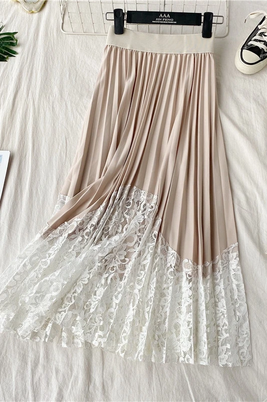 

long skirts for women Patchwork Lace Pleated autumn new women casual skirt female