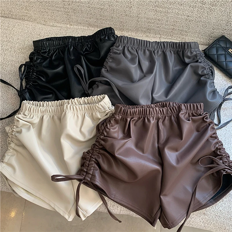 

Fashion Sexy Drawstring PU Leather Shorts Women Autumn Winter Elastic High Waist Wide Leg Shorts Plus Sizeshort femme