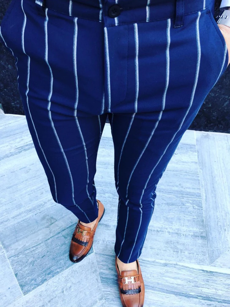 Роскошные мужские формальные полосатые брюки Slim Fit повседневные деловые офисные длинные брюки Умные повседневные узкие брюки новинка осень зима