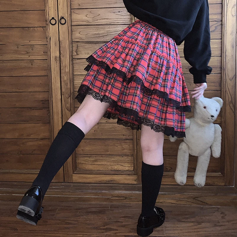 

Japanese JK Skirts Red Gothic Plaid Pleated Skirt Summer High Waist Ruffled Kawaii Sweet Skirts Women Y2K Streetwear 2021 New