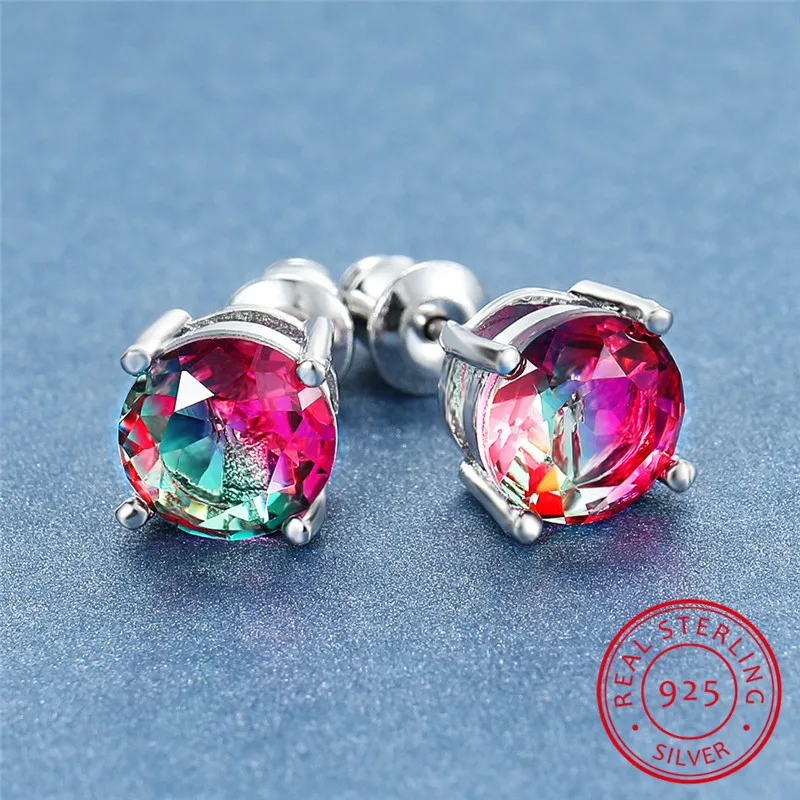 Женские круглые серьги гвоздики 8 мм с кристаллом из 100% настоящего серебра 925