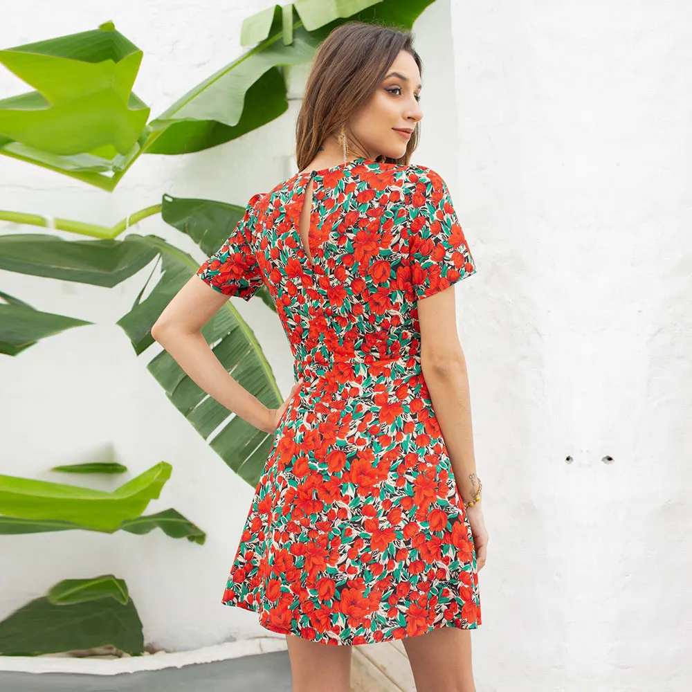 

2021 New Women Summer Sweet Print Short Dress V Neck Butterfly Sleeve Floral Dress Ladies Fashion Slim Mini Party Dresses