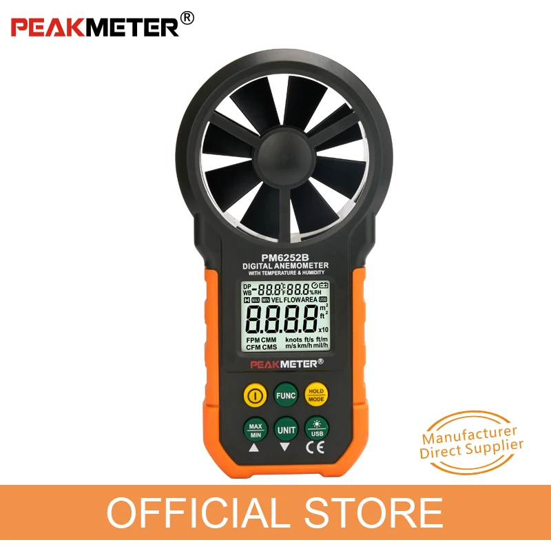 PEAKMETER official Digital Anemometer Air Temperature Humidity Meter PEAKMETER PM6252B with  RH USB Port interface