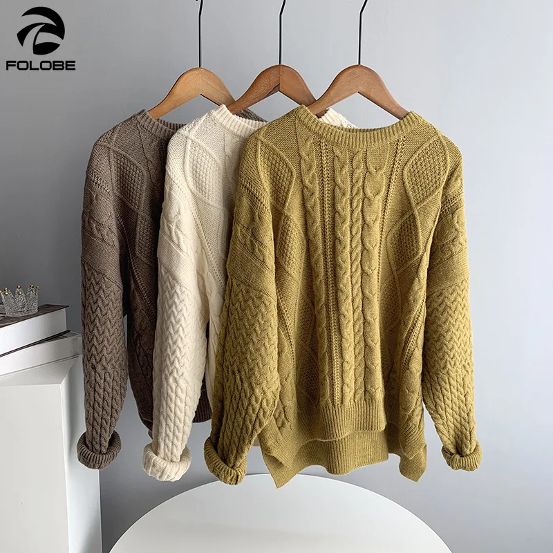 

FOLOBE Korea Vintage Twist Sweaters for Women Loose Thick Warm Pullover Basic O Neck Autumn 2020 Femme Casual Knitted Sweaters