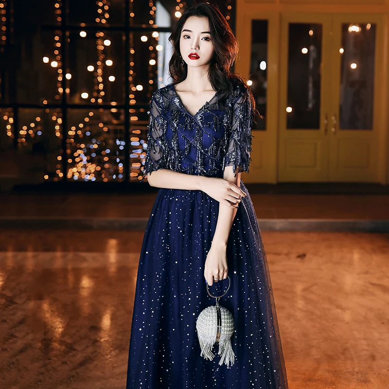 AE649 темно-синее длинное вечернее платье с v-образным вырезом 2020 блестящее