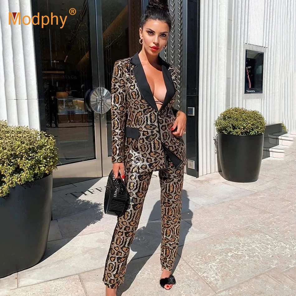 2021 Новинка осени из змеиной кожи с блестками для женщин комплект пиджак и штаны 2