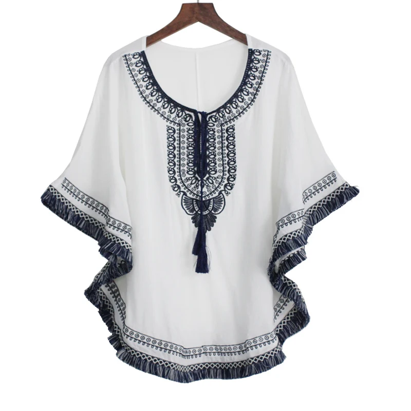 Женская хлопковая блузка с бахромой в стиле ретро Свободный пуловер рукавом