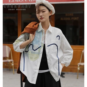 Дизайнерская рубашка CHEERART с длинным рукавом, 2021, Модный женский белый топ и блузки, рубашка в эстетическом стиле с воротником на пуговицах, осень-весна