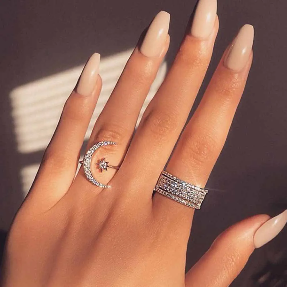 Модное креативное Открытое кольцо Стразы со звездой и луной женское свадебное