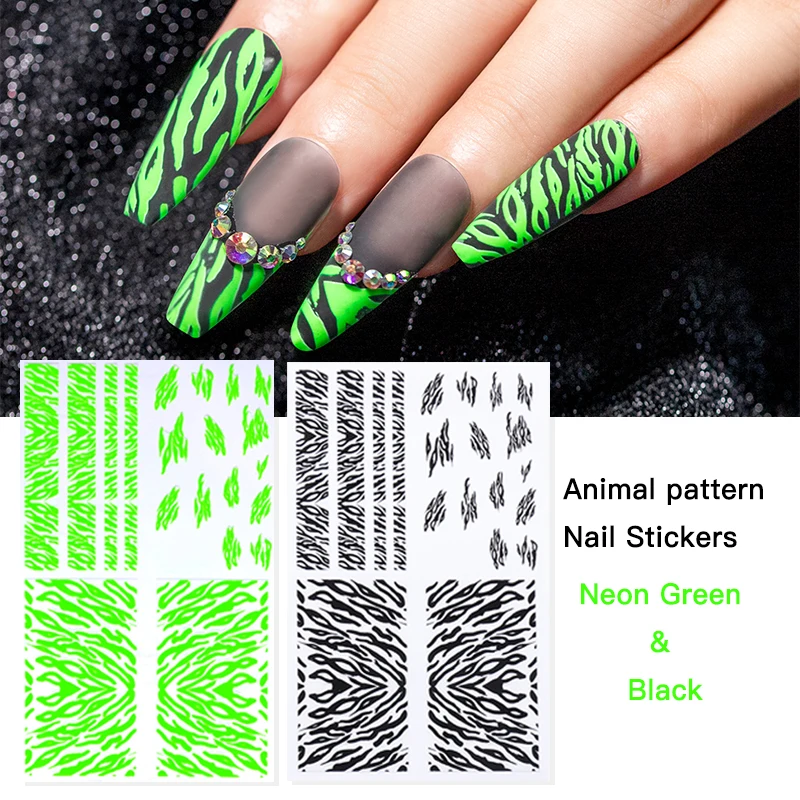 

MEET ACROSS Neon Green Nail Stickers 3D Snake Nail Design Leopard Prints Sliders Animal Skins Foils DIY Manicure Decoration