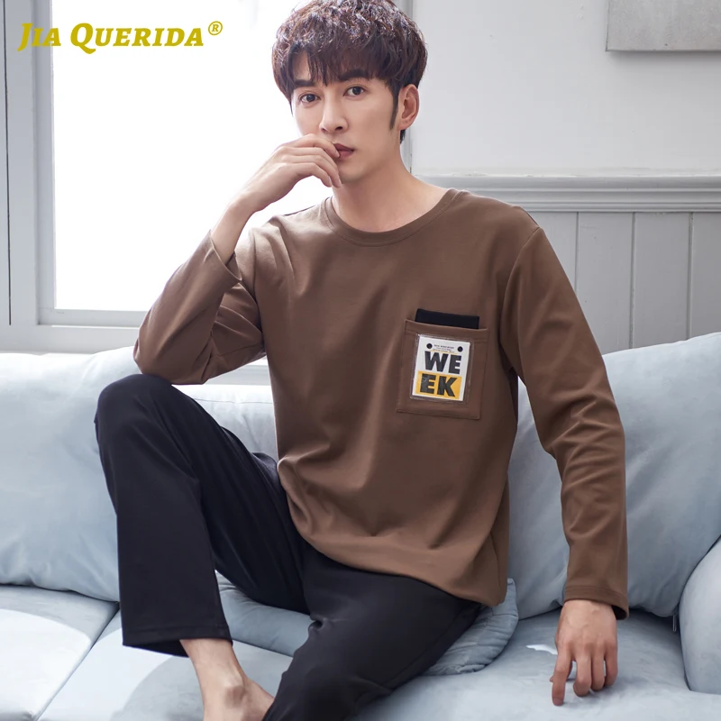 

Men Pijamas Big Size Luxury Brown Pullover Sporty Mens Pajamas 100% Cotton High Quality Homewear Fashion Mens Pajama Set Spring