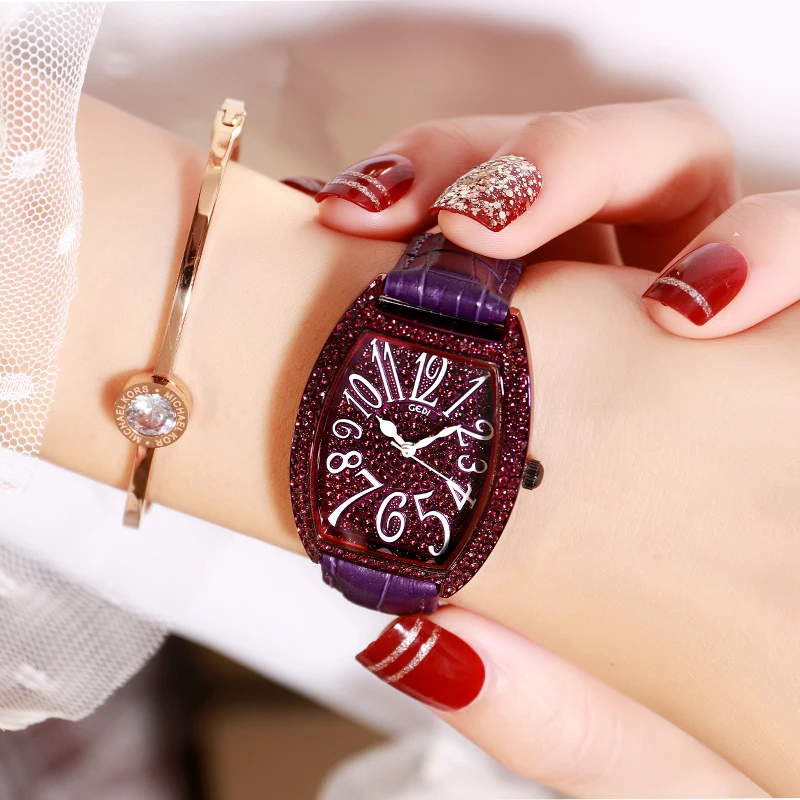 

Women Wrist Watch Quartz Movement Diamond Style Wine Barrel Shape Leather Belt Fashion Casual Clock Reloj Mujer 2021 NEW