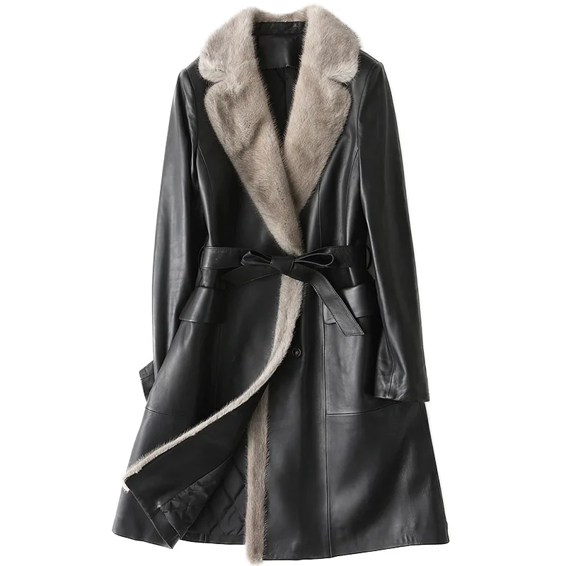 New Classic Women Genuine Leather Coats Sheep Mink Fur Hair Winter Quilted Overcoats Black Long Sashes Warm Slim Female Outwear