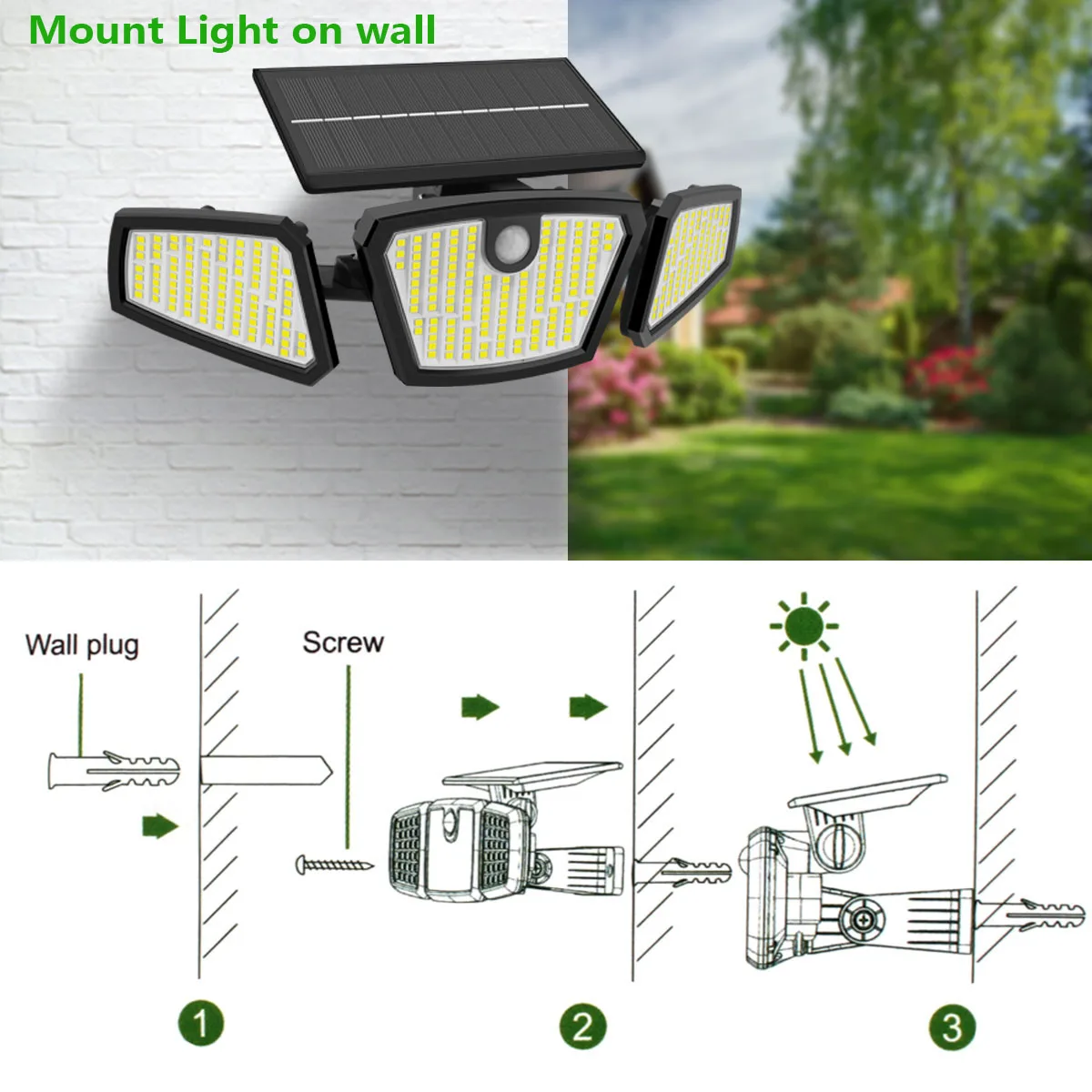 

350 LED Solar Powered Lamp With Sensor Led Solar Lamp Outdoor Waterproof Street Lights 3 Head Super Bright For Garden Decoration
