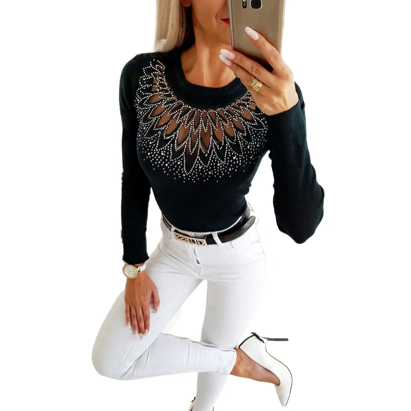 

Women Elegant O Neck Diamonds Studded Blouse Sexy Ladies Solid Hollow Out Pullover Tops Spring Long Sleeve Slim Fit Shirt Blusas