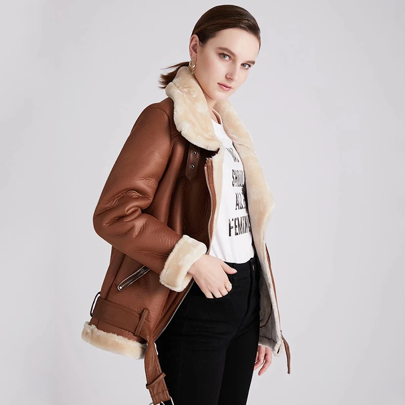 NEW2021 ERQIBA New Women Winter Lambs Wool Parkas Fur Collar Zipper Jacket Warm Thick Outerwear Faux Lamb Leather Coat Moto