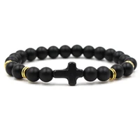 trendy 8mm matte black stone beads distance bracelet 7 color cross bracelet for womenmen charm jewelry handmade personality