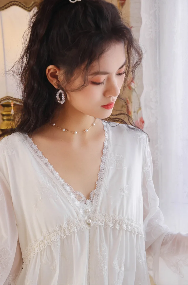 

2pcs Pure Cotton Nightdress Set Women Spring Summer Sexy Lace Sling Fairy Princess Palace Style Pajamas Night Gown Home Service