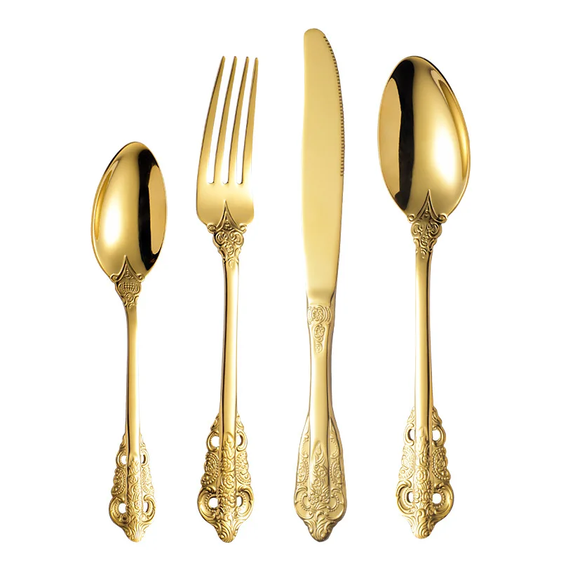 

4Sets Flatware Vintage Spoon Knife Gold TeaSpoon Fork Royal Palace Retro Carved Silverware Cutlery Stainless Steel Tableware Set