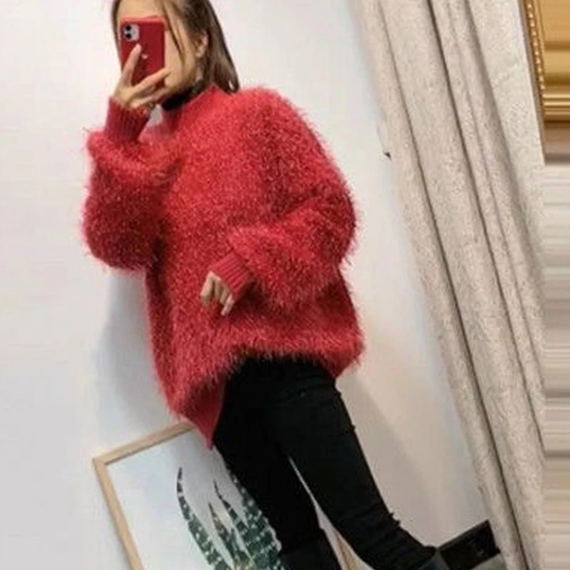 vangull Vintage Half Turtleneck women Sweater Solid color Loose Long Sleeve Knit Furry poullovers Lazy Style Top Bottoming Shirt | Женская