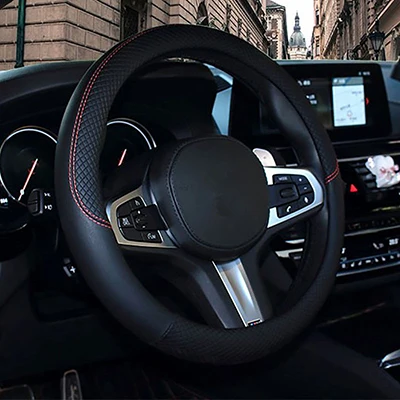 Black Спортивный кожаный автомобильный чехол на руль для Toyota Volkswagen Fiat hyundai Chery BYD для автомобилей Mazda аксессуары для 37 см-38 см - Название цвета: Black