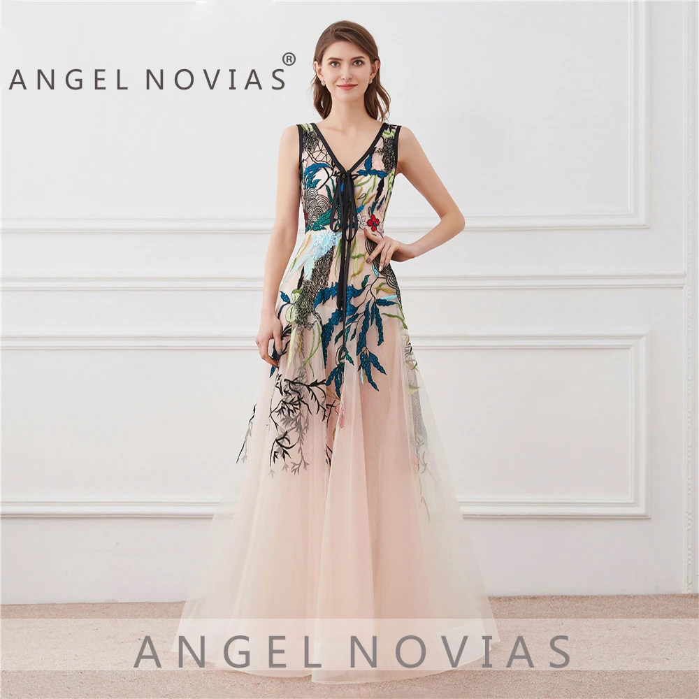 Длинное Элегантное Вечернее платье 2019 женское с вышивкой бисером и V-образным