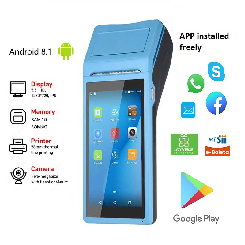 

Loyverse POS Android 8.0 POS PDA Mini Receipt Printer 58mm Handheld POS Terminal NFC Bluetooth WIFI 3G Camera PDA