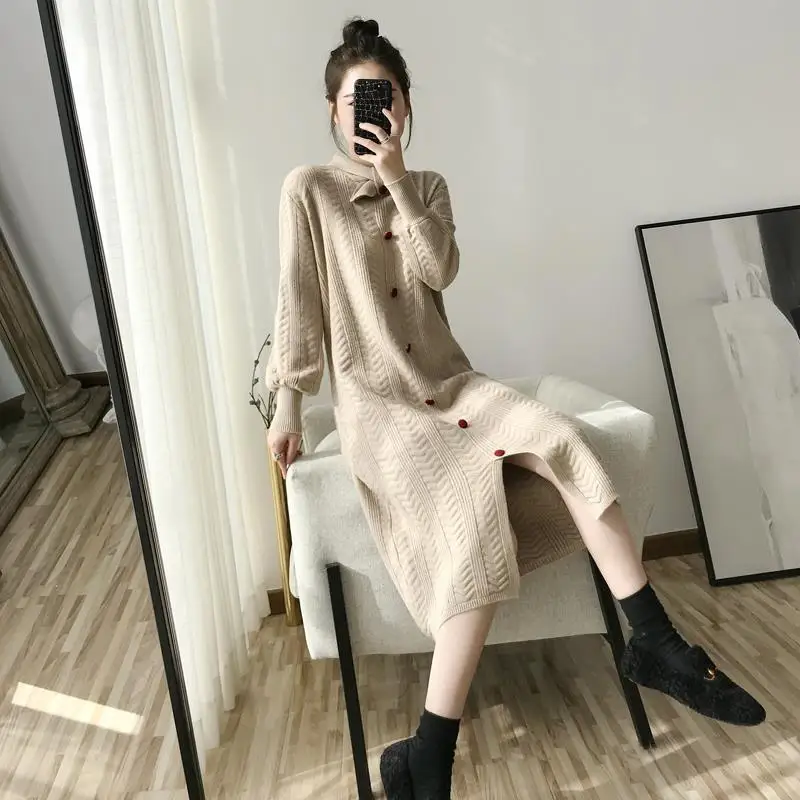 

2021 New Spring Autumn Women Sweet Style Fashion Designer Knitted Dress Solid Bow Neck Buttons Straight Loose Sweater Dress