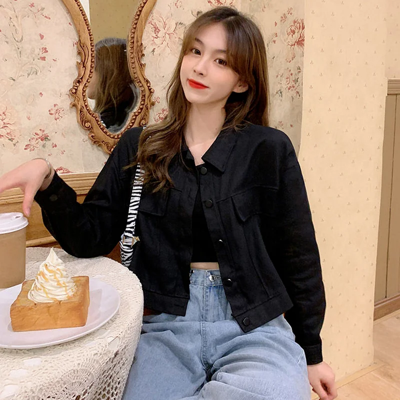 

Cropped Basic Jackets Women Solid Single Breasted Loose Casual Fashion Korean Style Long Sleeve Spring All-match Plain Feminino