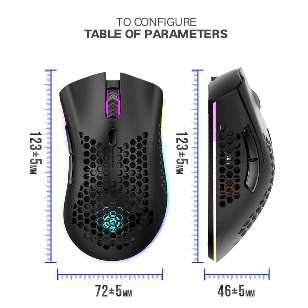 

2.4GHz Wireless Gaming Mouse 7 Button 1600 DPI Adjustable RGB Backlit Rechargeable Mouse Lightweight Honeycomb Shell Gamer Mice