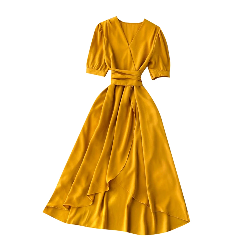 

Women Summer Midi French Dress 2021 Sweet V-Neck Puff Sleeve High Waist Elegant Solid Woman Dresses Female Clothing New Year
