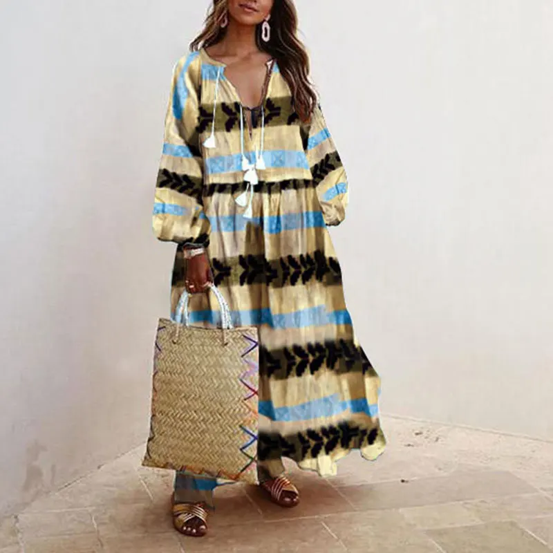 

Женское летнее платье с цветочным принтом, длинным рукавом и V-образным вырезом