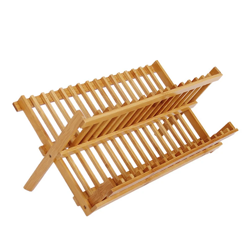 

Bamboo Foldable Dishes Drainer Wooden Plates Mugs Rack Stand Holder 2-Tier Folding Kitchen Supplies XH8Z