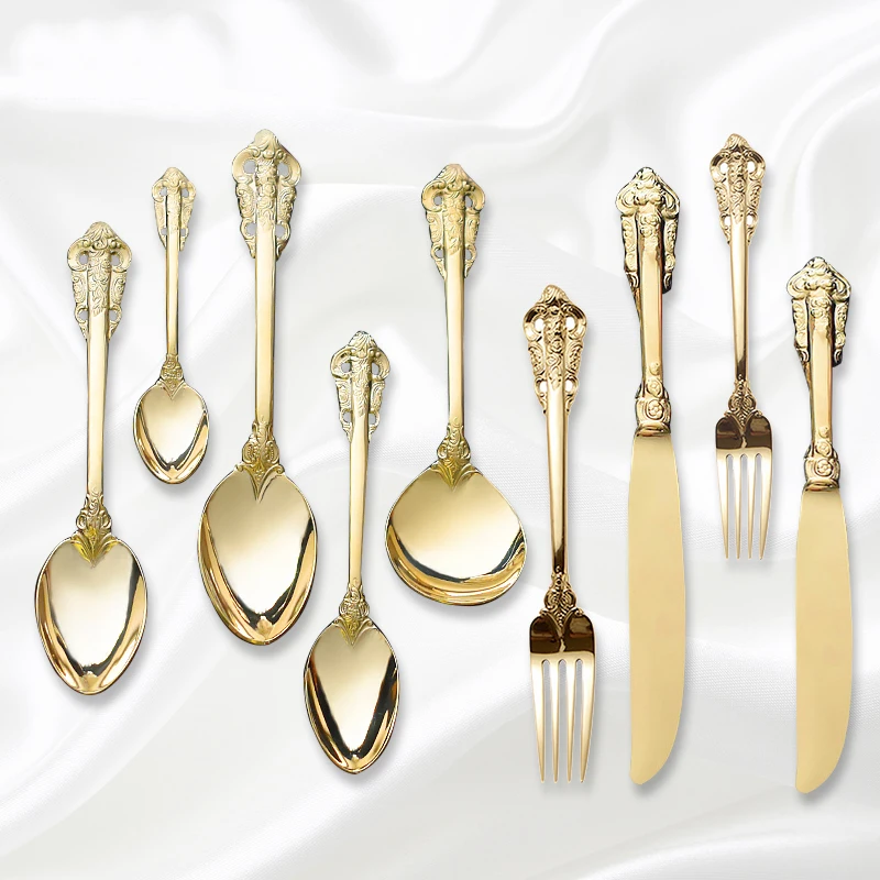 

Golden Luxury Dinner Set Vintage Western Gold Plated Cutlery Stainless Steel Knife Fork Set Vintage Kitchen Untensile