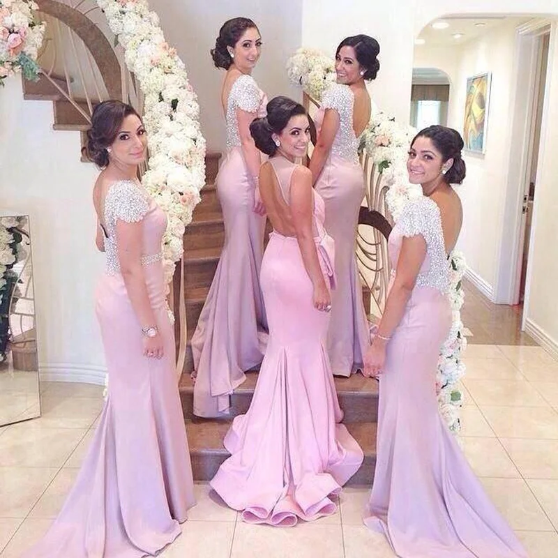 Luxury Crystal Beaded Mermaid Honor Of Maid Dresses 2019 Sexy Backless Elastic Prom Gowns Long Bridesmaid Dress Formal | Свадьбы и
