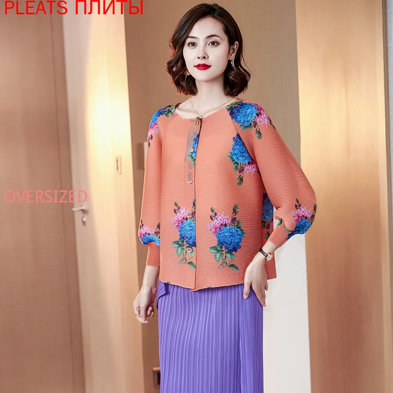 

Miyake Pleated Hydrangea Print Loose Drape High Stretch Fashion Cardigan PLEATS Blouses Chemise Femme Tops Camisas De Mujer