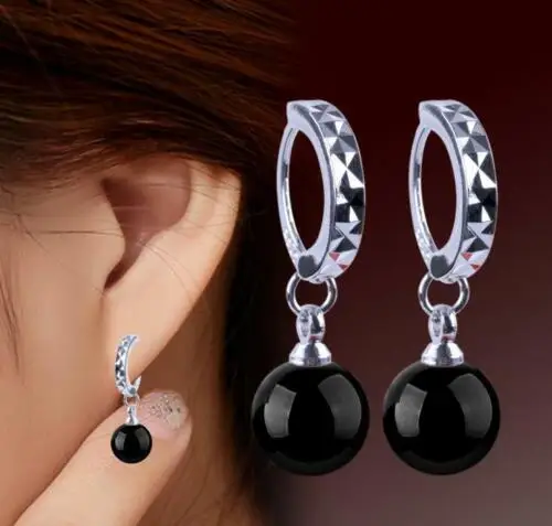 

Pretty Fashion 8 мм черные бусины из драгоценного камня Агата Drop Серебряная серьга-крючок