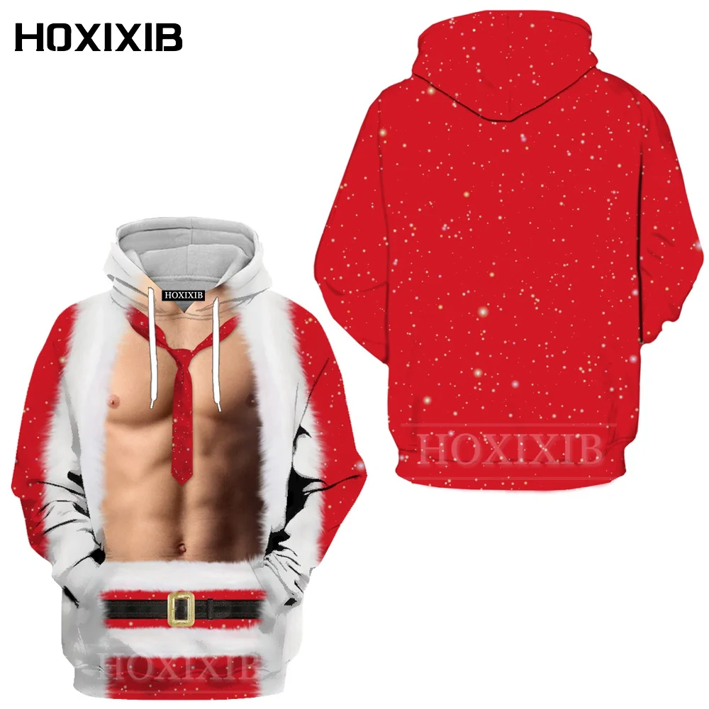 

HOXIXIB Men Hoody Santa Claus Surf Hooded 3D Color New Year Gift Christmas Hoodies Women Anime Biscuit Bicycle Unisex Sportswear
