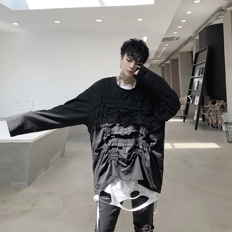 

Футболка мужская в японском стиле, уличная одежда в стиле хип-хоп, готика, складная Свободная Повседневная Асимметричная рубашка с длинным ...