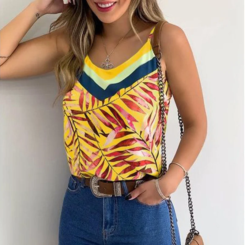 

Vintage Leaves Print O Neck Blouse Shirt Sexy Backless Straps Women Tops Blusa Casual Summer Sleeveless Boho Shirt Streetwear XL